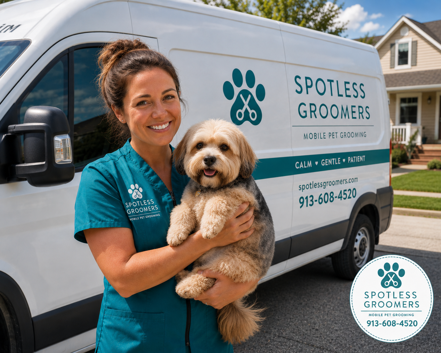 Mobile dog groomer holding pet after grooming Bucyrus KS